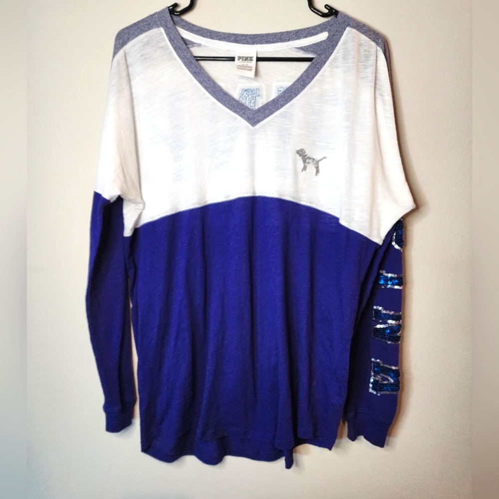 PINK Victoria's Secret Long Sleeve Bling Top,  Blue & White, Women's Small
